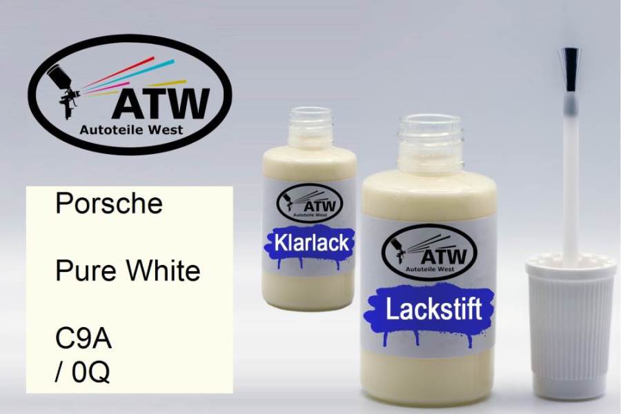 Porsche, Pure White, C9A / 0Q: 20ml Lackstift + 20ml Klarlack - Set, von ATW Autoteile West.